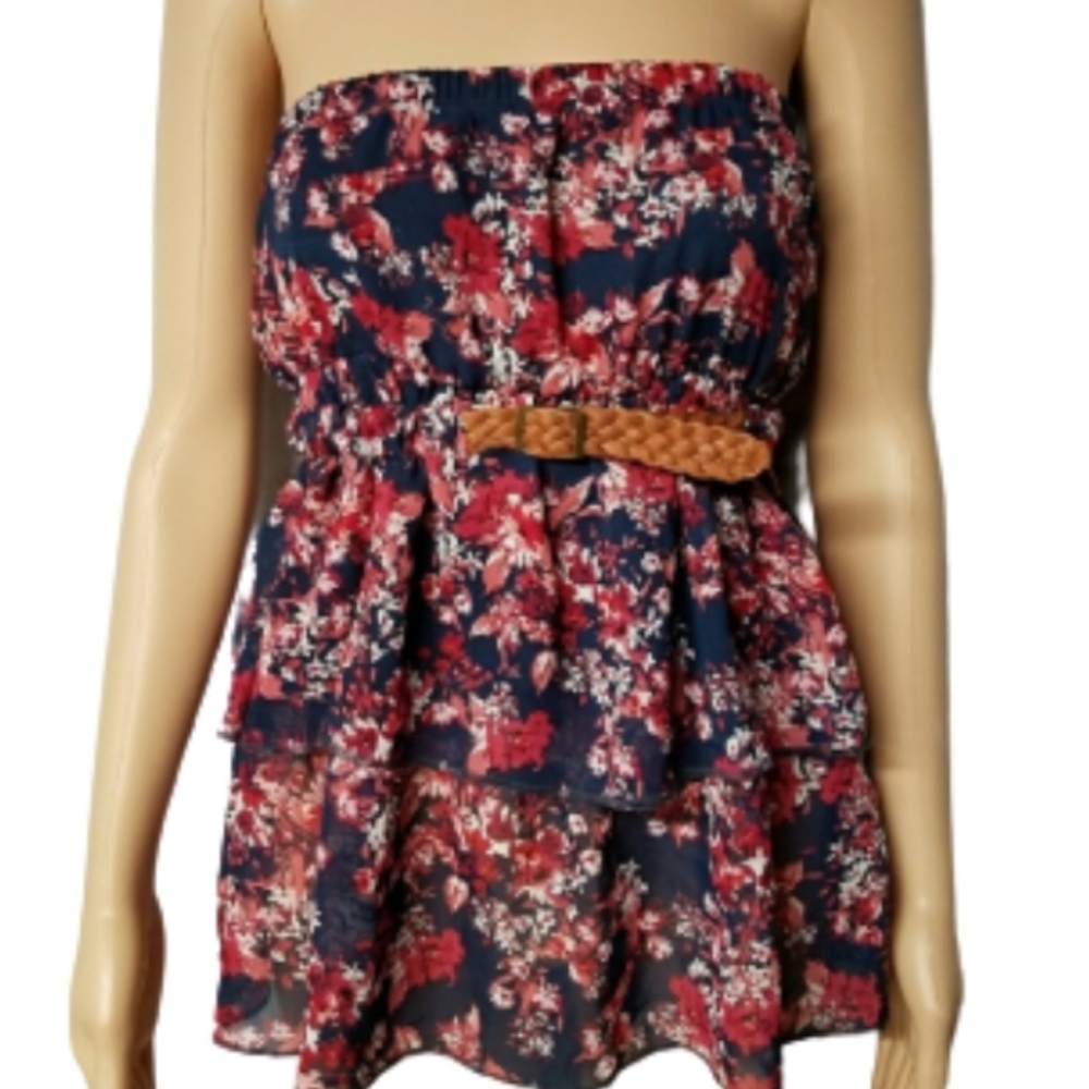 Wet Seal Strapless Floral Ruffle Belted Blouse